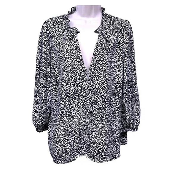 Show Me Your Mumu Black White Leopard Print Button Front Puff Sleeve Blouse Chic - Picture 1 of 10
